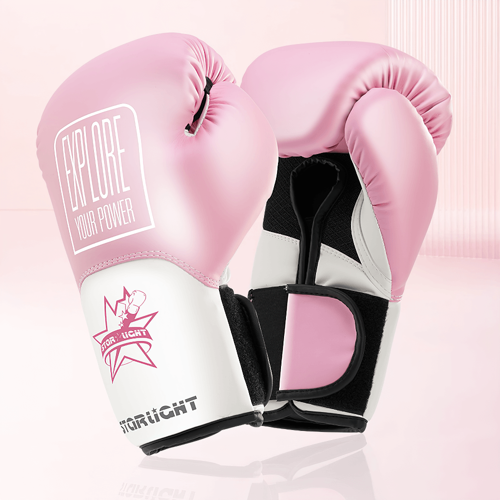 Pink breathable boxing gloves with triple pad cushioning featuring 'Explore Your Power' text, SF3137 model.