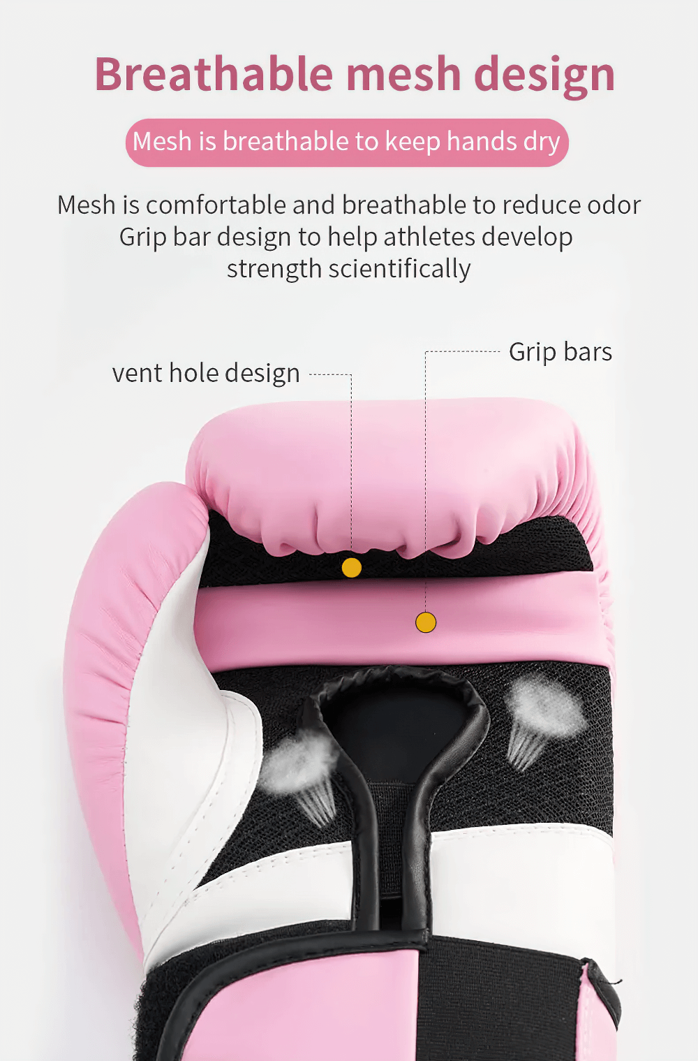 Close-up of breathable boxing glove with mesh design and vent hole for airflow, featuring grip bars for strength development.