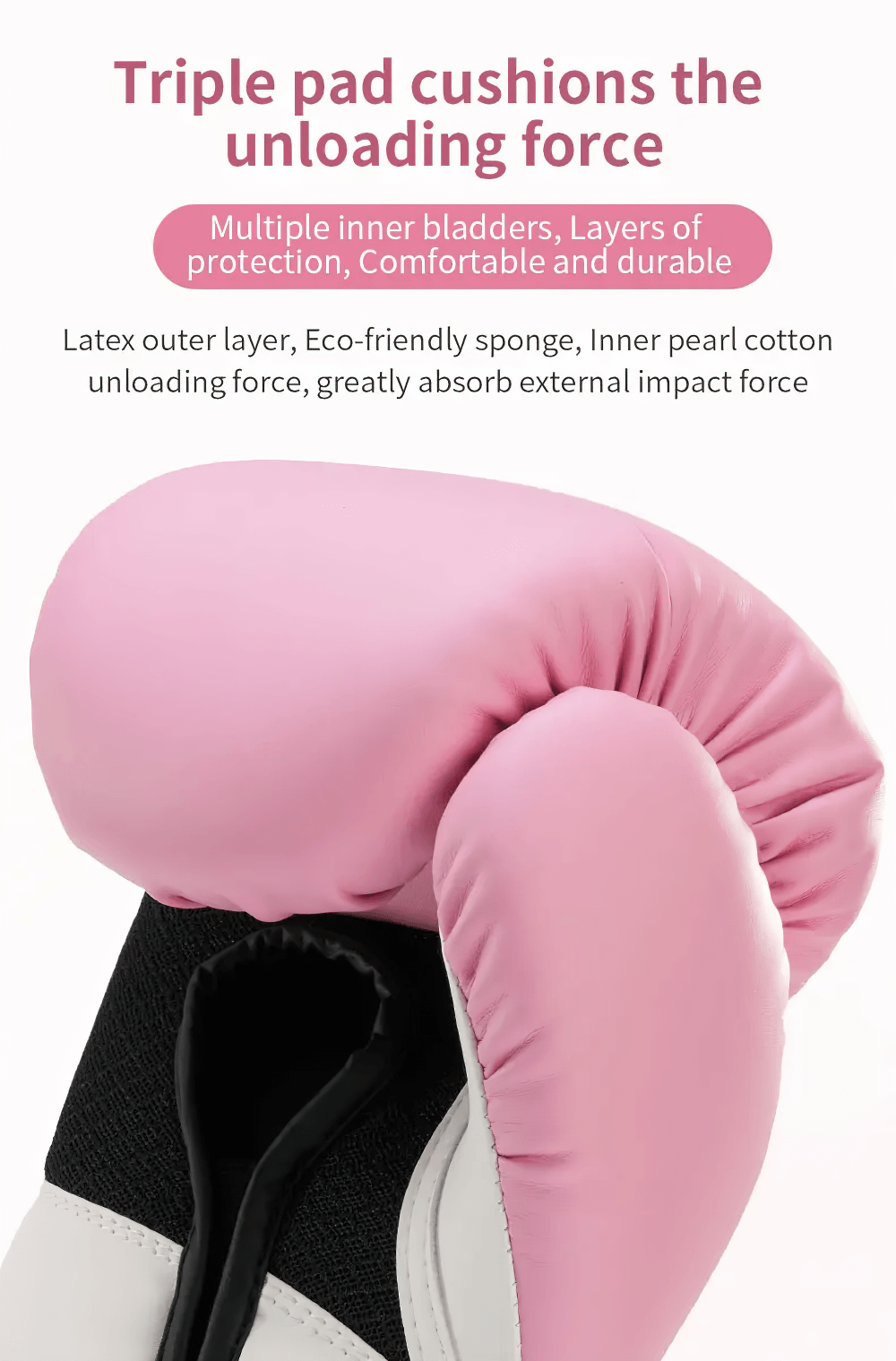 Pink breathable boxing gloves with triple pad cushioning for enhanced protection and comfort.