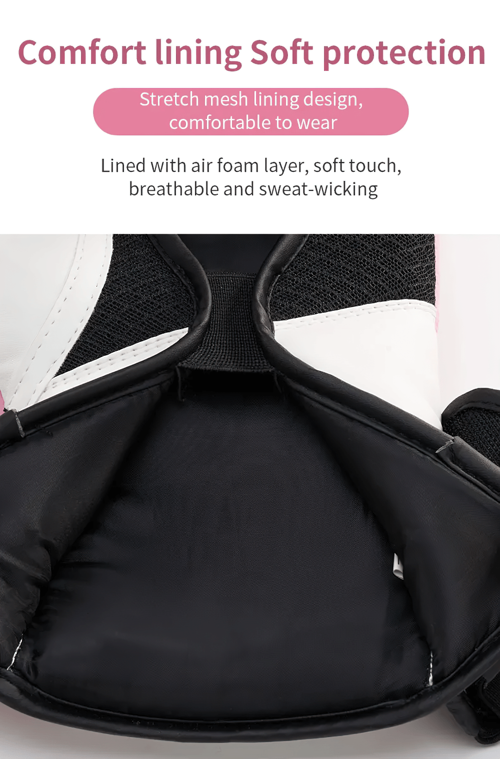 Interior view of breathable boxing gloves with soft, sweat-wicking design and comfort lining.