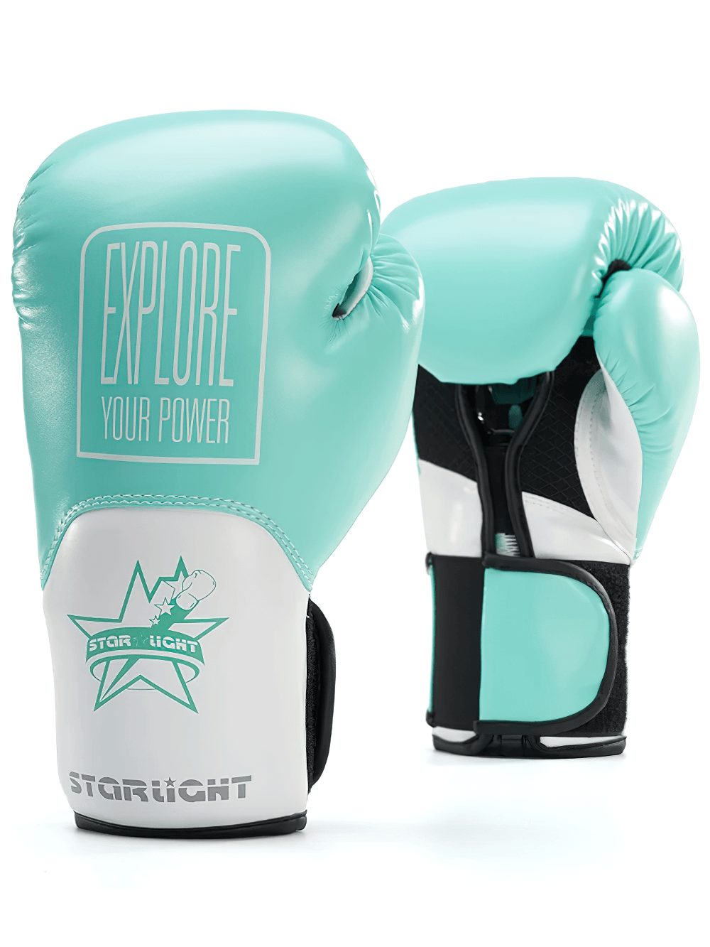 Mint green breathable boxing gloves with triple pad cushioning, model SF3137, featuring 'Explore Your Power' text and Star Light logo.