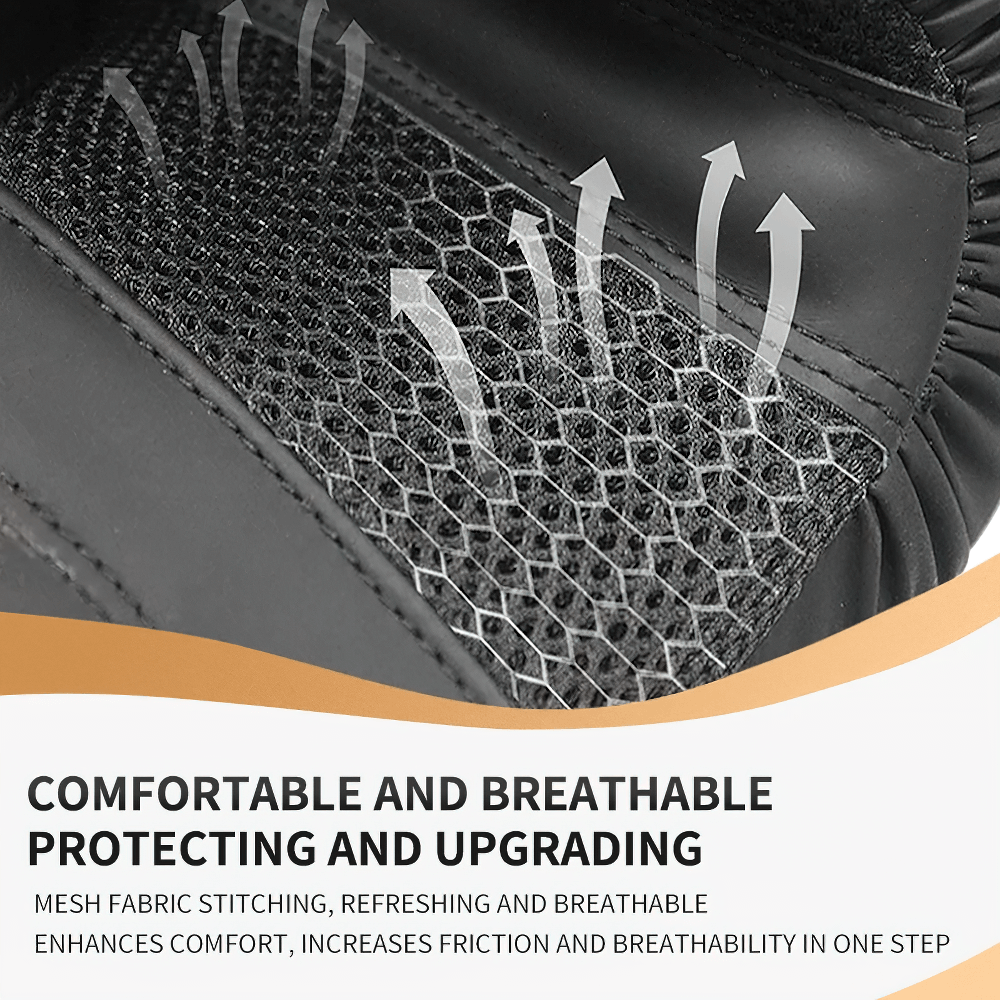 Close-up of breathable mesh fabric on black boxing gloves, showing airflow design for ventilation and comfort during training.