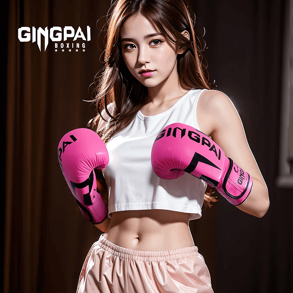 Woman wearing pink boxing gloves, ready for sparring and training in MMA, Muay Thai, Karate, with durable PU leather gloves.