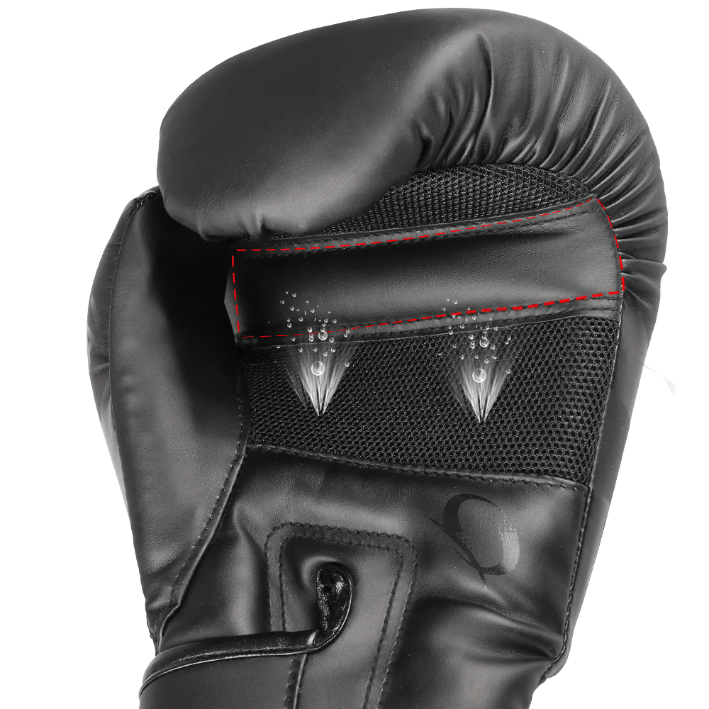 Close-up of breathable boxing glove with durable PU leather, black mesh, and ergonomic design for MMA, Muay Thai, and Karate training.