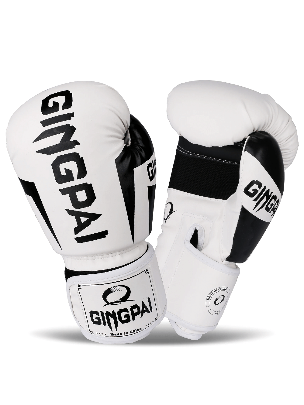 SF2686 breathable boxing training gloves made of durable PU leather in black and white for sparring, MMA, Muay Thai, and karate.