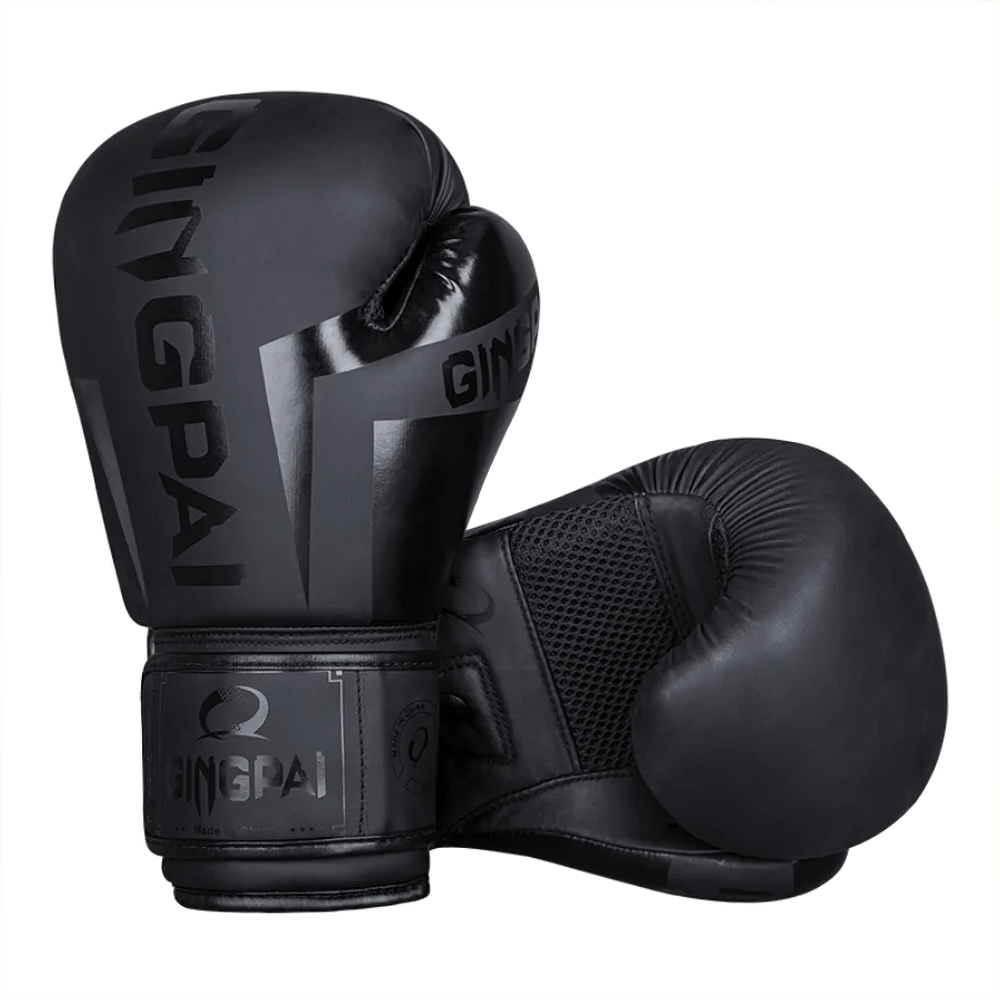 Black breathable boxing training gloves SF2686 for MMA, Muay Thai, and Karate, crafted from durable PU leather for sparring.