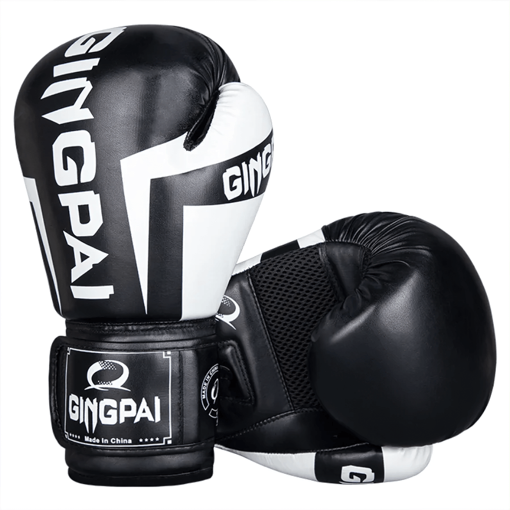 Breathable boxing gloves SF2686 for MMA, Muay Thai, karate in black and white. Durable PU leather, ideal for training and sparring.
