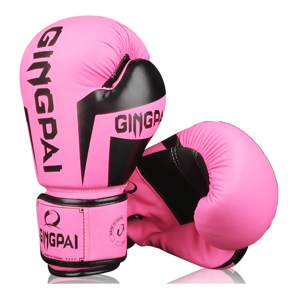 Bright pink GINGPAI boxing gloves for MMA, Muay Thai, and Karate sparring, crafted with durable PU leather.