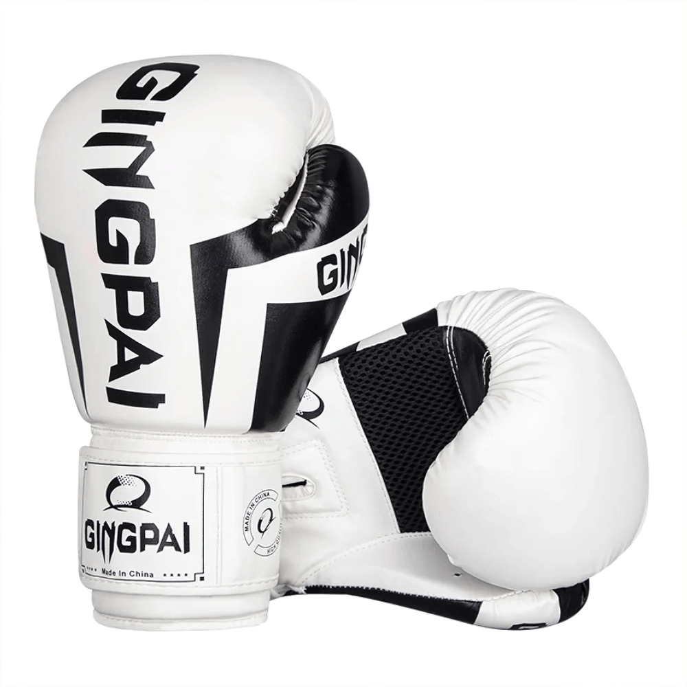 White breathable boxing gloves for sparring with black accents, perfect for MMA, Muay Thai, and Karate training.