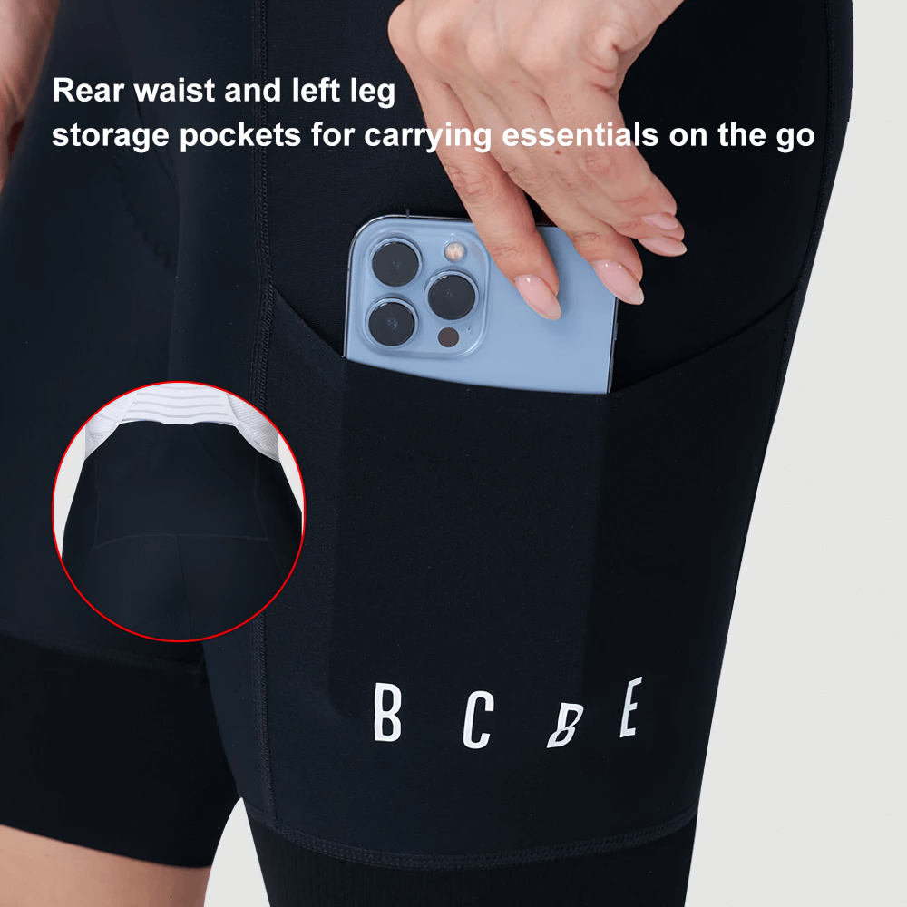 Woman's hand placing phone in pocket of cycling bib shorts with logo, highlighting rear and left leg storage for essentials.