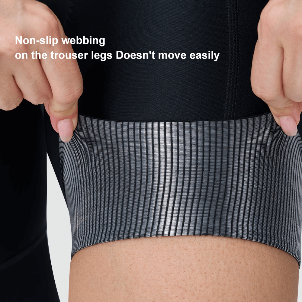 Showing non-slip webbing on cycling bib shorts leg for secure fit during rides.