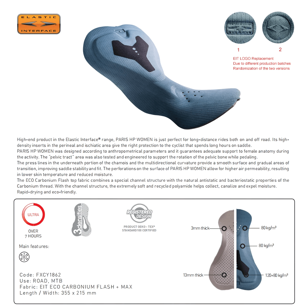 Elastic interface cycling pad for long rides, ergonomic design. Ideal for road and MTB. Over 7 hours support, eco-friendly material.