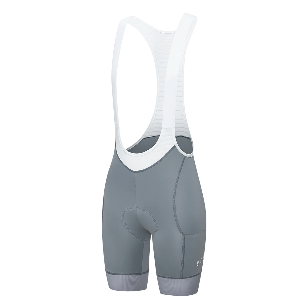 Breathable cycling bib shorts with elastic pad, slim fit design in gray, ideal for long rides and road biking performance.