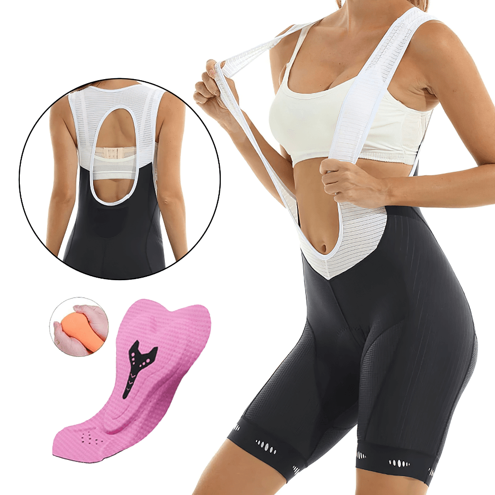 Women's breathable cycling bib shorts with mesh straps, showing Lycra fabric and padded insert for comfort and performance. SF2577.