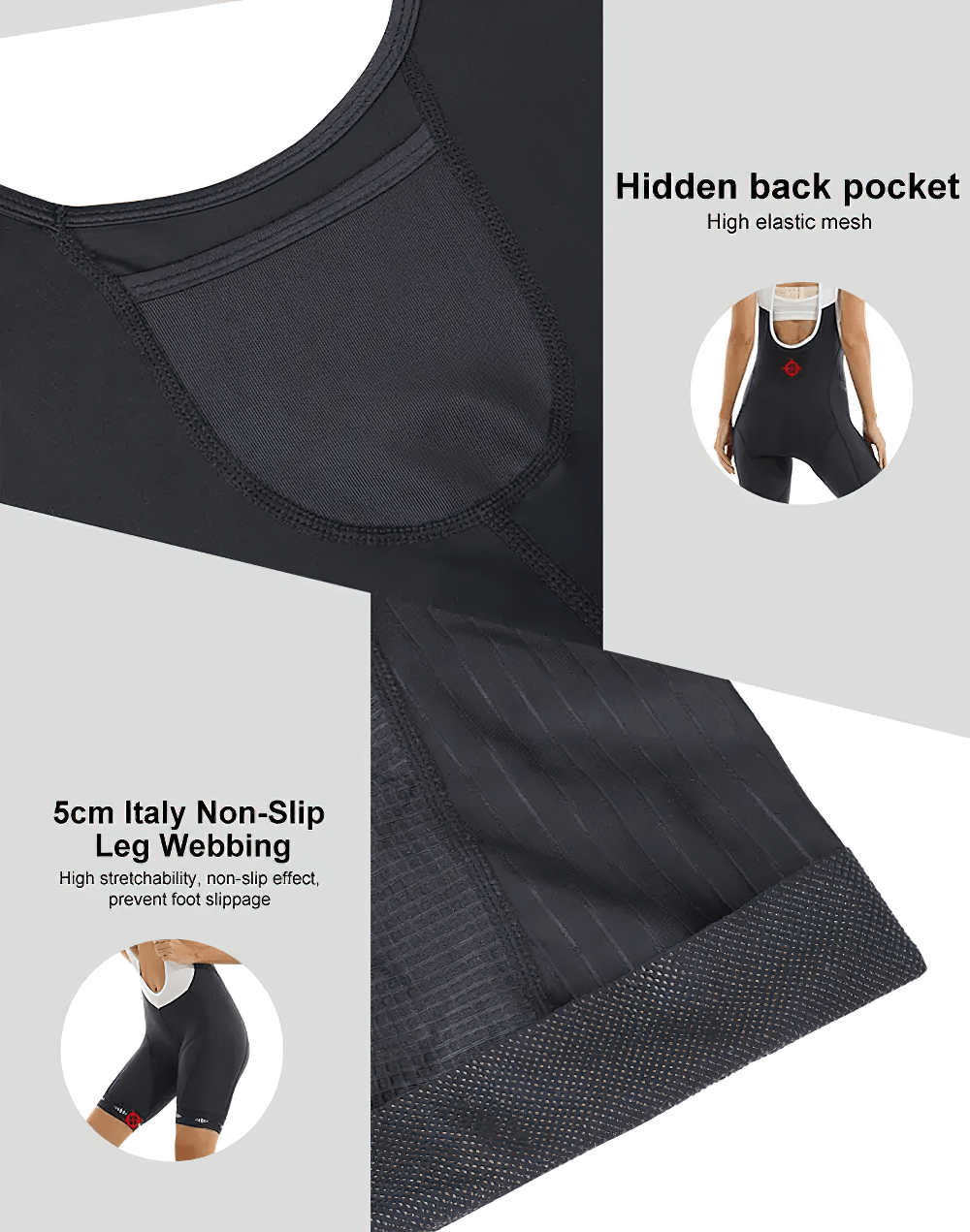 Women's breathable cycling bib shorts with mesh straps, hidden back pocket, and non-slip Italy leg webbing - SF2577.