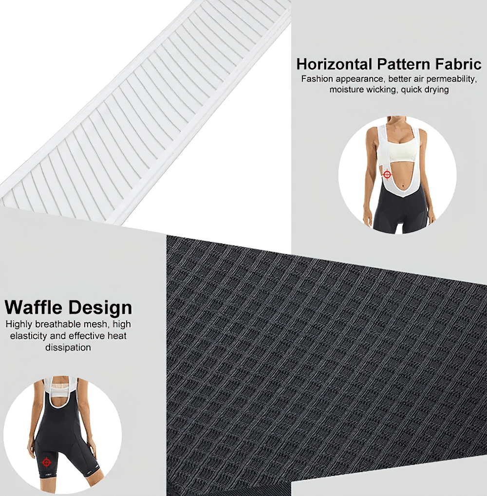 Women's breathable cycling bib shorts with mesh straps showcasing horizontal pattern and waffle design for optimal ventilation