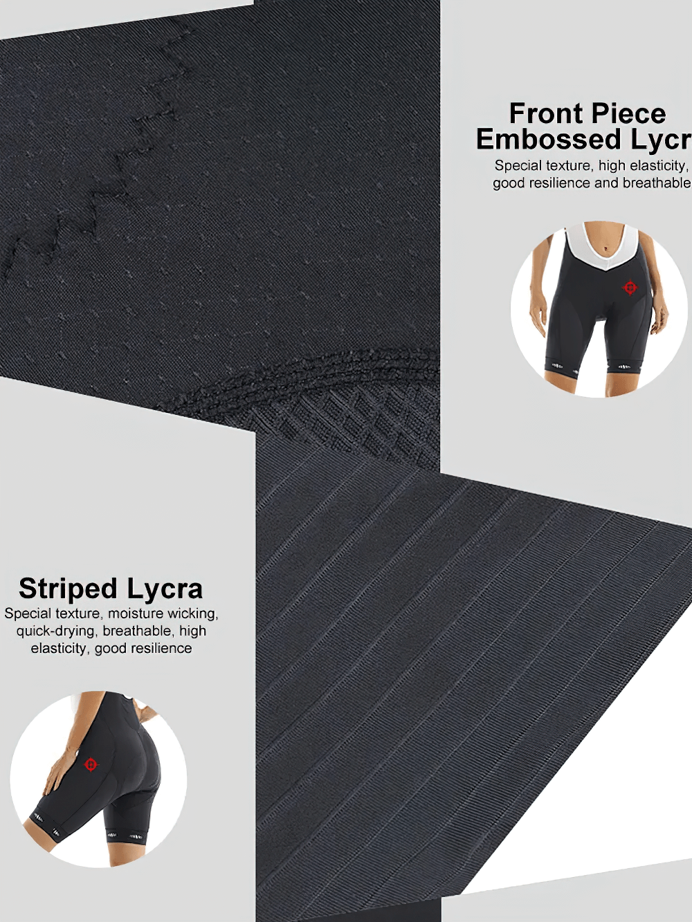 Breathable women's cycling bib shorts with striped Lycra, mesh straps, and embossed front for high performance and ventilation.