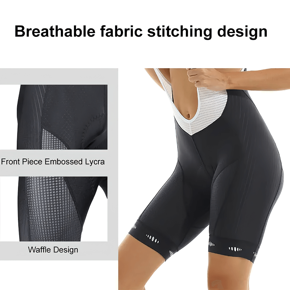 Women's breathable cycling bib shorts with embossed Lycra and waffle design mesh for superior ventilation and performance.