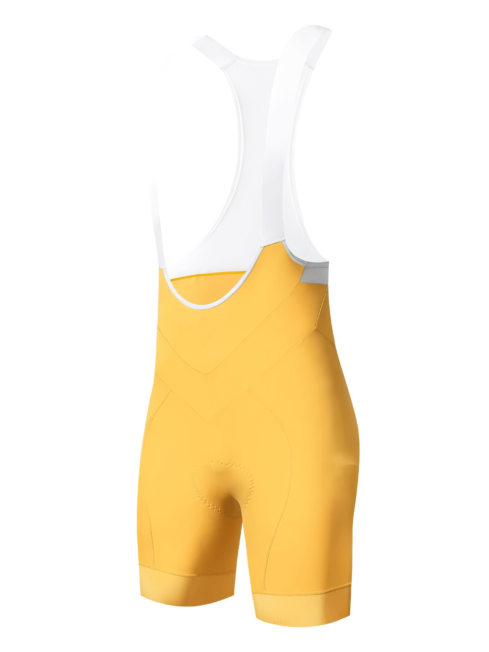 Women's breathable cycling bib shorts in yellow with non-slip grip, sweat-wicking fabric, and elastic back strap for optimal performance.