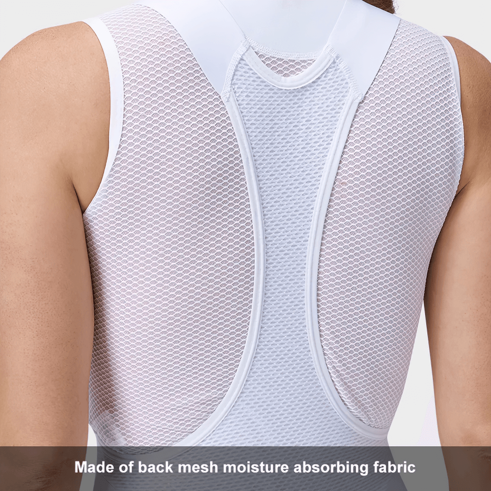 Back view of breathable cycling bib shorts with mesh fabric for moisture wicking, showcasing comfort and performance features.