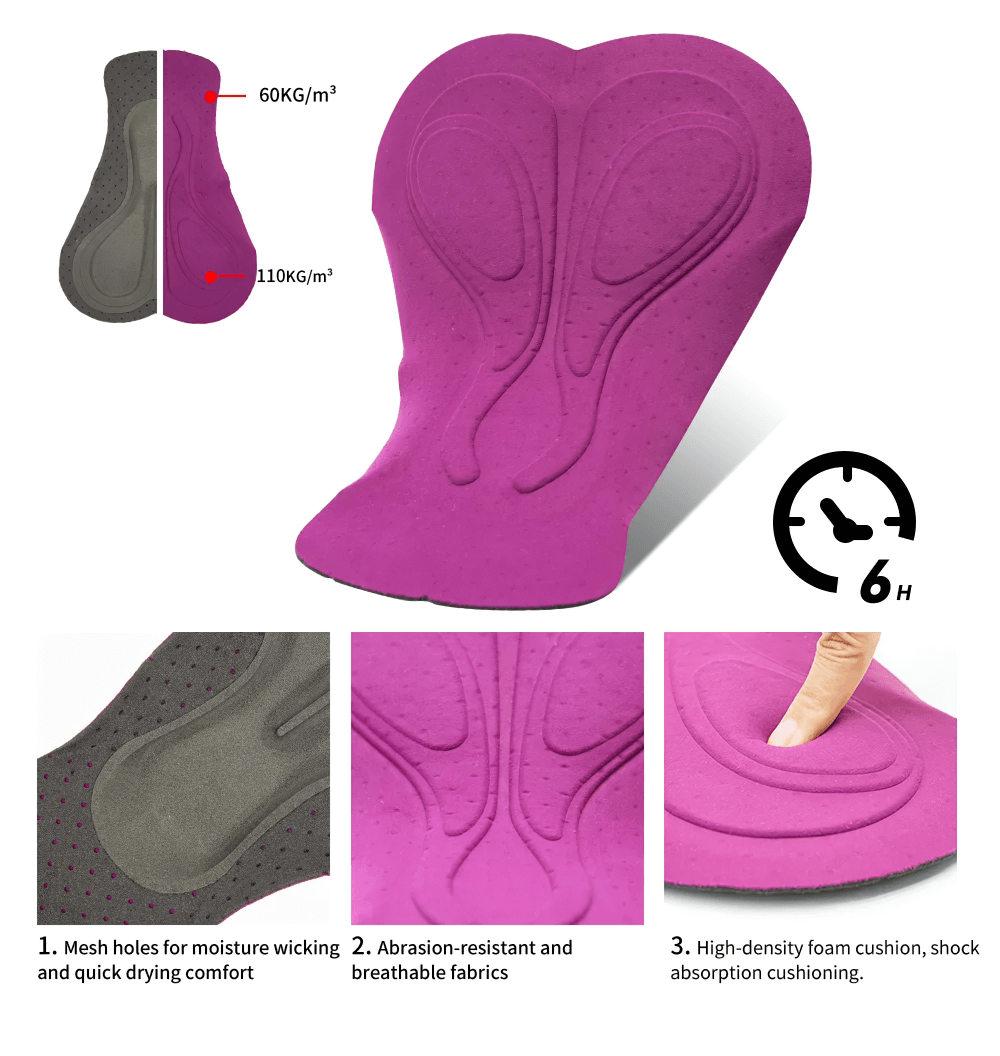 High-density foam cushion from women's cycling bib shorts, showcasing moisture-wicking mesh and abrasion-resistant fabric features.