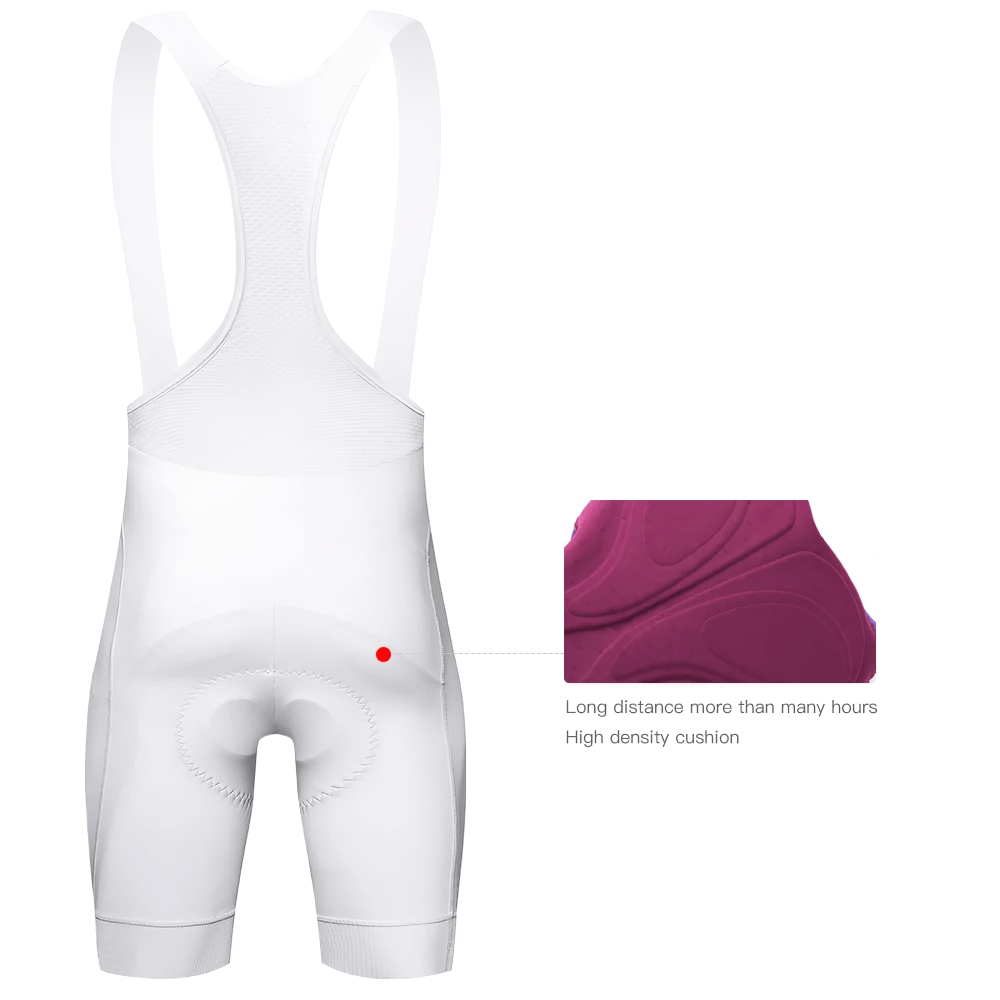 Women's breathable cycling bib shorts with sweat-wicking fabric and non-slip grip, featuring a high-density cushion for long rides.