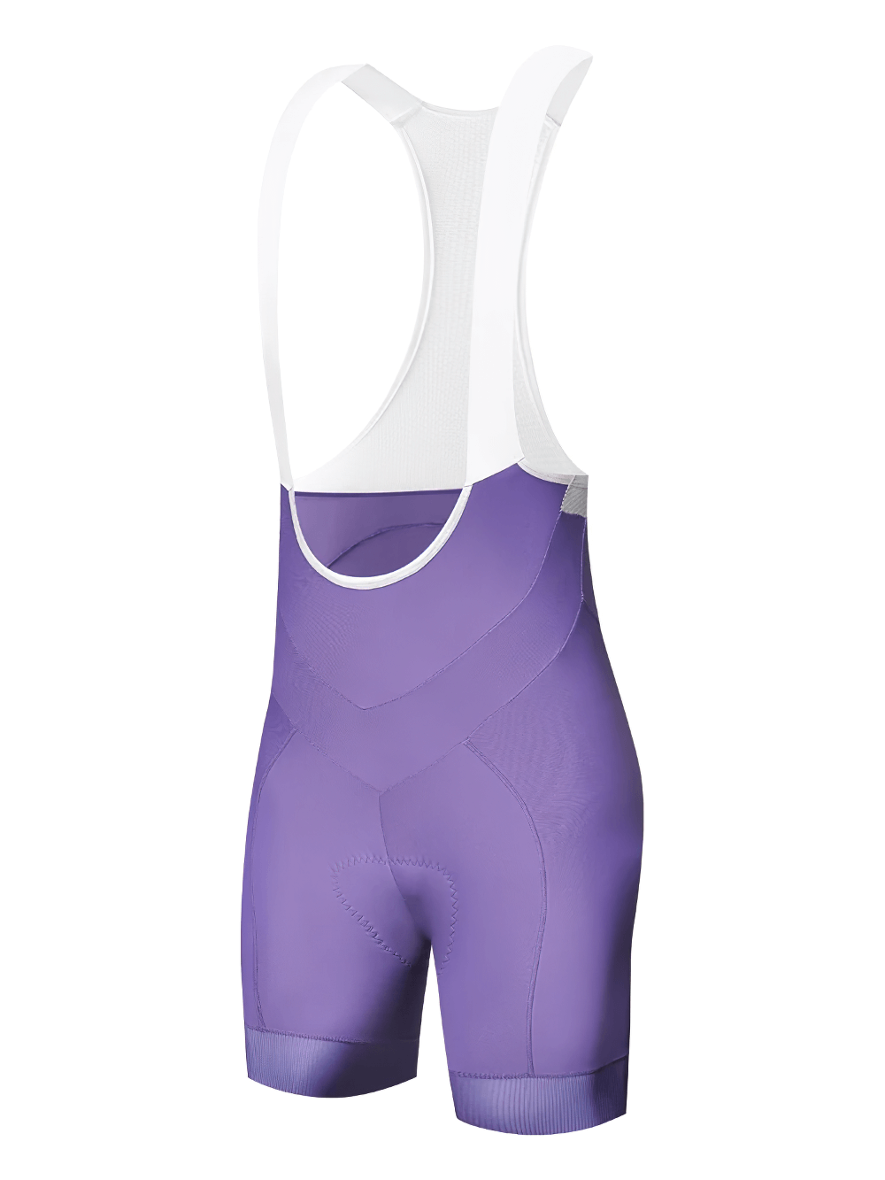 Purple women's breathable cycling bib shorts with non-slip grip and sweat-wicking fabric, designed for enhanced cycling performance.