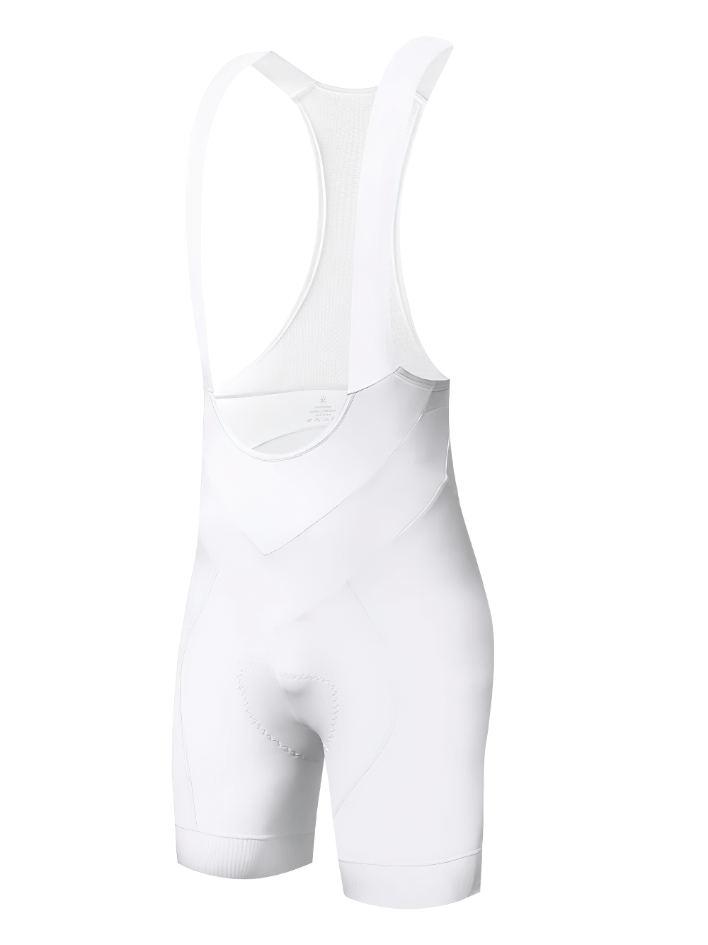 White women's cycling bib shorts with breathable mesh back, non-slip grip, and sweat-wicking fabric. Perfect for performance cycling.