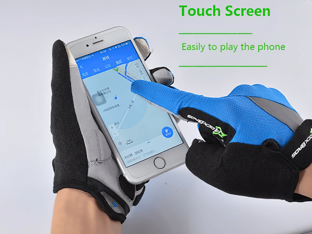 Touchscreen-compatible breathable cycling gloves with shock absorption, demonstrating phone use, featuring anti-slip silicone grips.