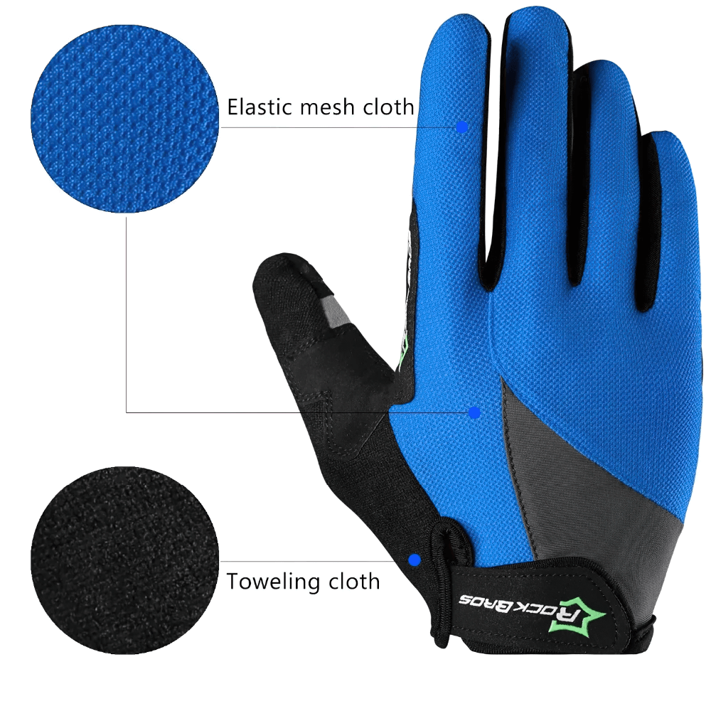 Breathable cycling gloves showcasing elastic mesh and toweling cloth for comfort and shock absorption on rides.