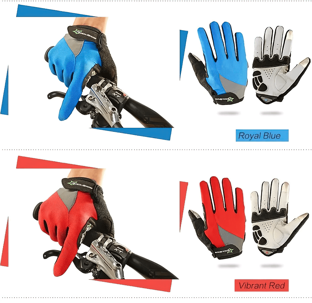 Breathable cycling gloves SF2608 in royal blue and vibrant red with shock absorption and anti-slip design for biking adventures.