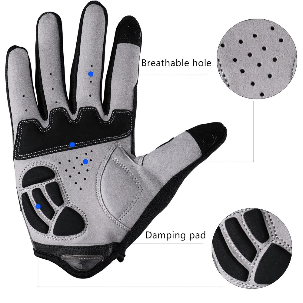 Breathable Cycling Gloves SF2608 with shock absorption, featuring anti-slip design, damping pads, and silicone grips for biking performance.