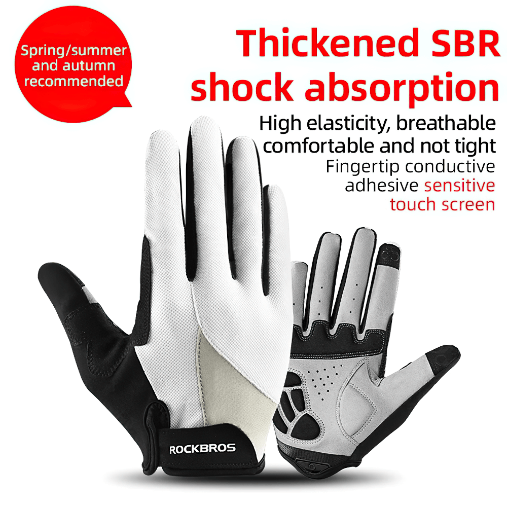 Breathable cycling gloves with shock absorption, touchscreen fingertips, and windproof design. Ideal for spring/summer riding.