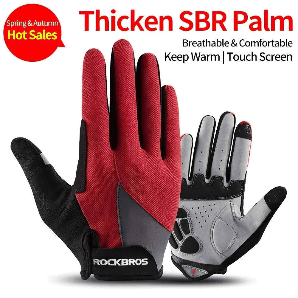 Breathable cycling gloves with SBR padding, touchscreen-compatible, in red and black colors. Ideal for outdoor cycling comfort.