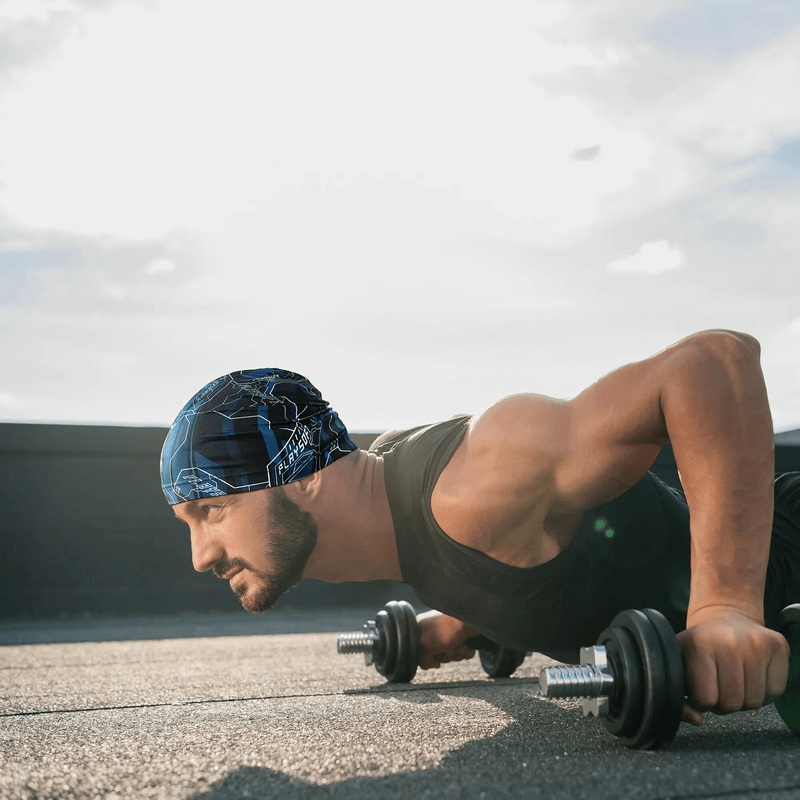 Alt Tag: Man doing push-ups outdoors in a Breathable Elastic Men's Printed Beanie SF1657, showcasing a stylish and comfortable fit.