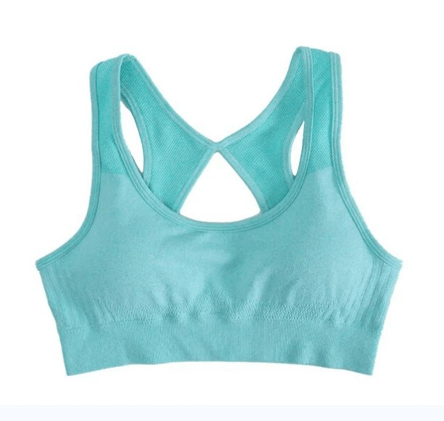 Turquoise breathable elastic women's sports bra, ideal for yoga and exercise, featuring a high-stretch solid pattern.