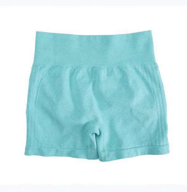 Light blue high-waisted women's breathable athletic shorts for optimal performance and comfort, ideal for yoga and exercise.