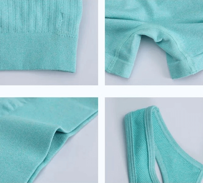 Close-up details of breathable elastic women's sports bra and shorts set in teal color, highlighting the high-stretch nylon fabric.
