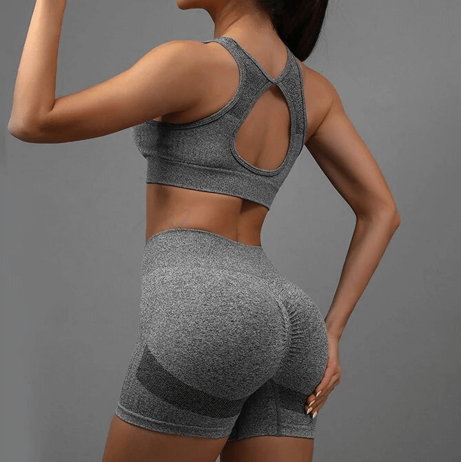 Breathable Elastic Women's Sports Bra and Shorts Set SF1778, ideal for yoga, exercise, and everyday comfort in grey.