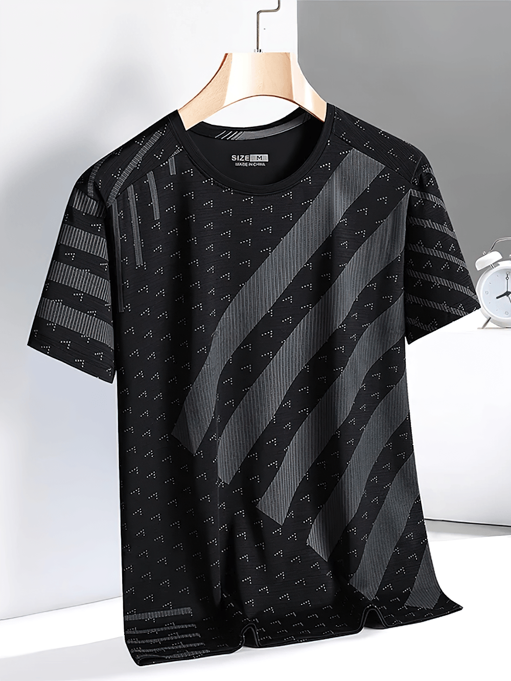 Alt Tag: Breathable Geometric Print Sports T-Shirt - SF4459 black geometric pattern breathable athletic tee on hanger