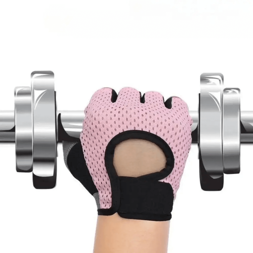 Person wearing breathable half-finger weight lifting glove SF2187 with nylon mesh and wear-resistant palm while gripping a dumbbell.