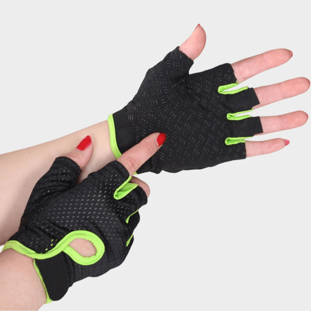 Breathable half-finger weight lifting gloves SF2187 made from nylon mesh, featuring wear-resistant palm for extra grip and performance.