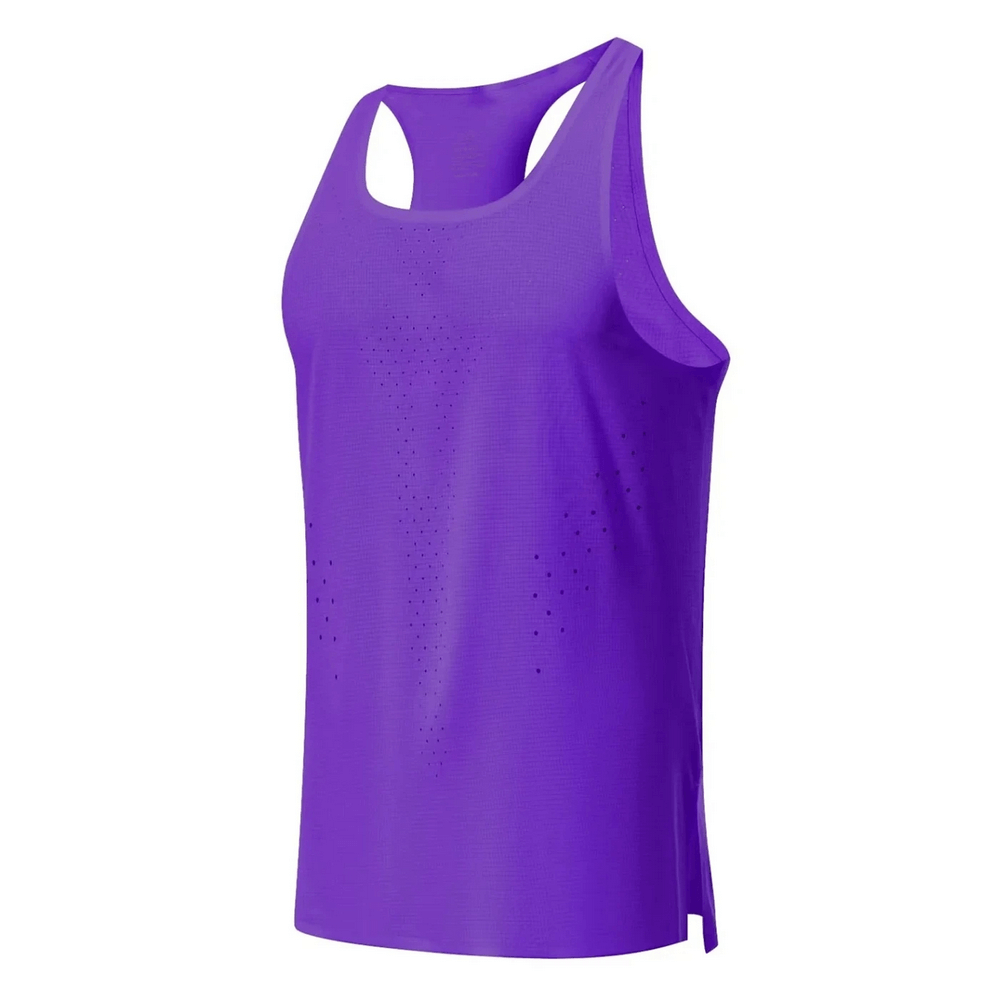 Vibrant purple men's tank top with perforated design for breathability, perfect for athletic workouts and freedom of movement.