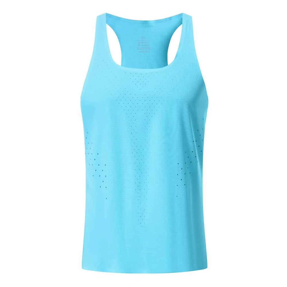 Breathable vibrant blue men's tank top with perforated design, athletic fit, elastic for workouts, perfect for keeping cool.
