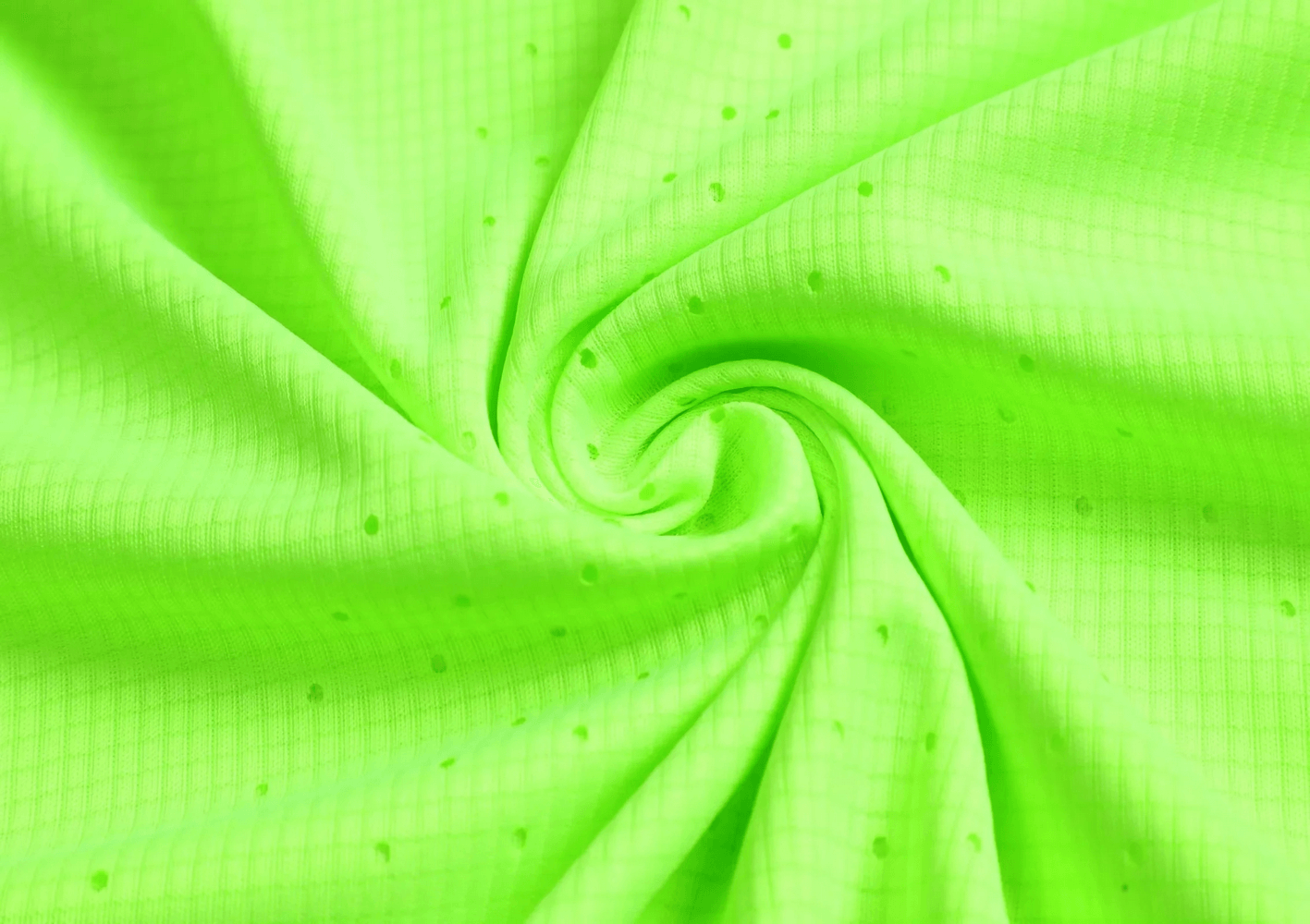 Bright green athletic fabric with perforated design for breathable men's tank tops.