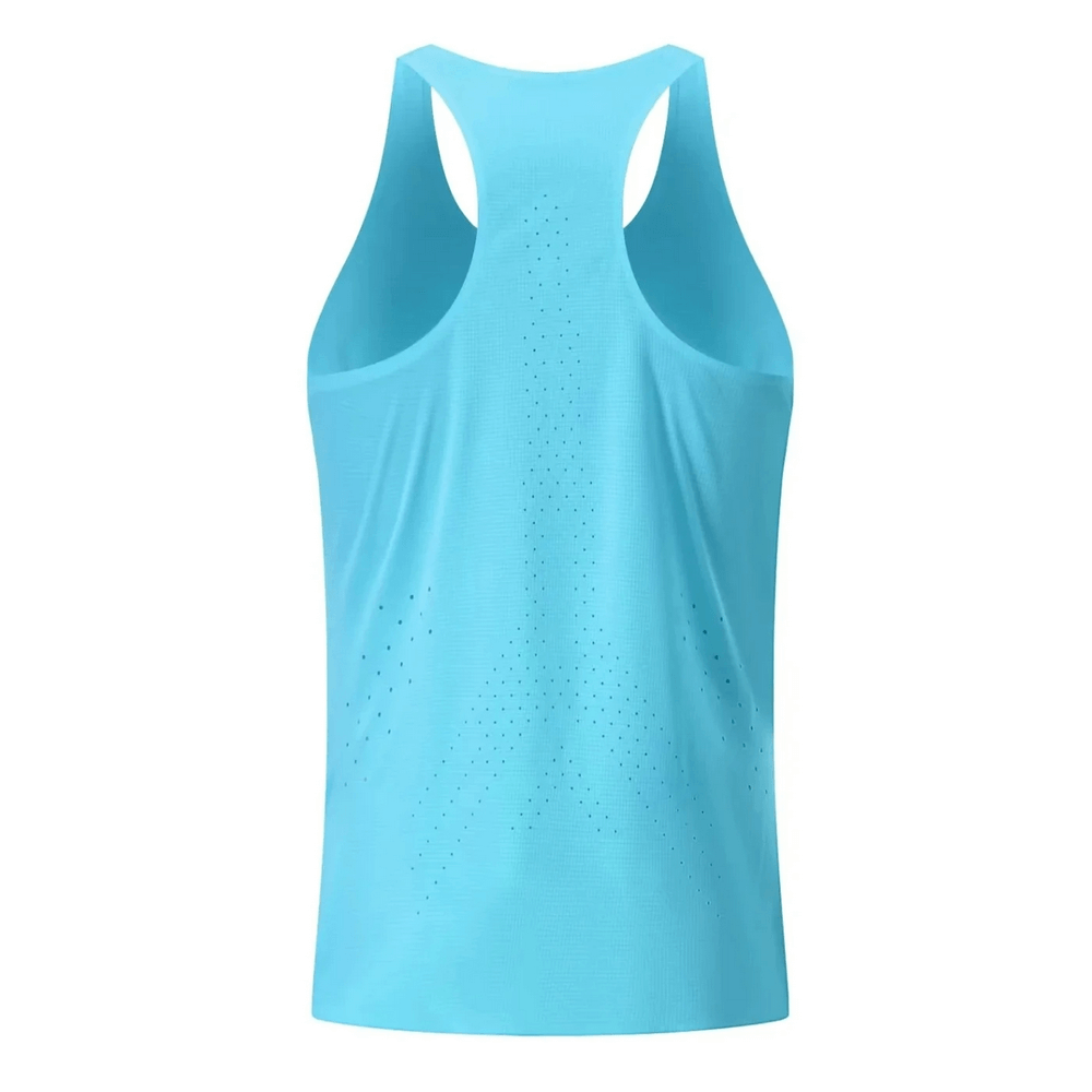 Vibrant blue men’s athletic tank top with perforated design for optimal breathability and flexibility, ideal for intense workouts.