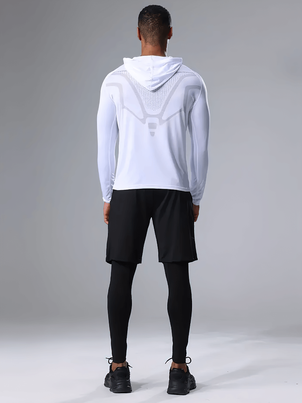 Back view of breathable men's workout set with hooded top, shorts, and tights, designed for running and gym sessions, style SF2625.