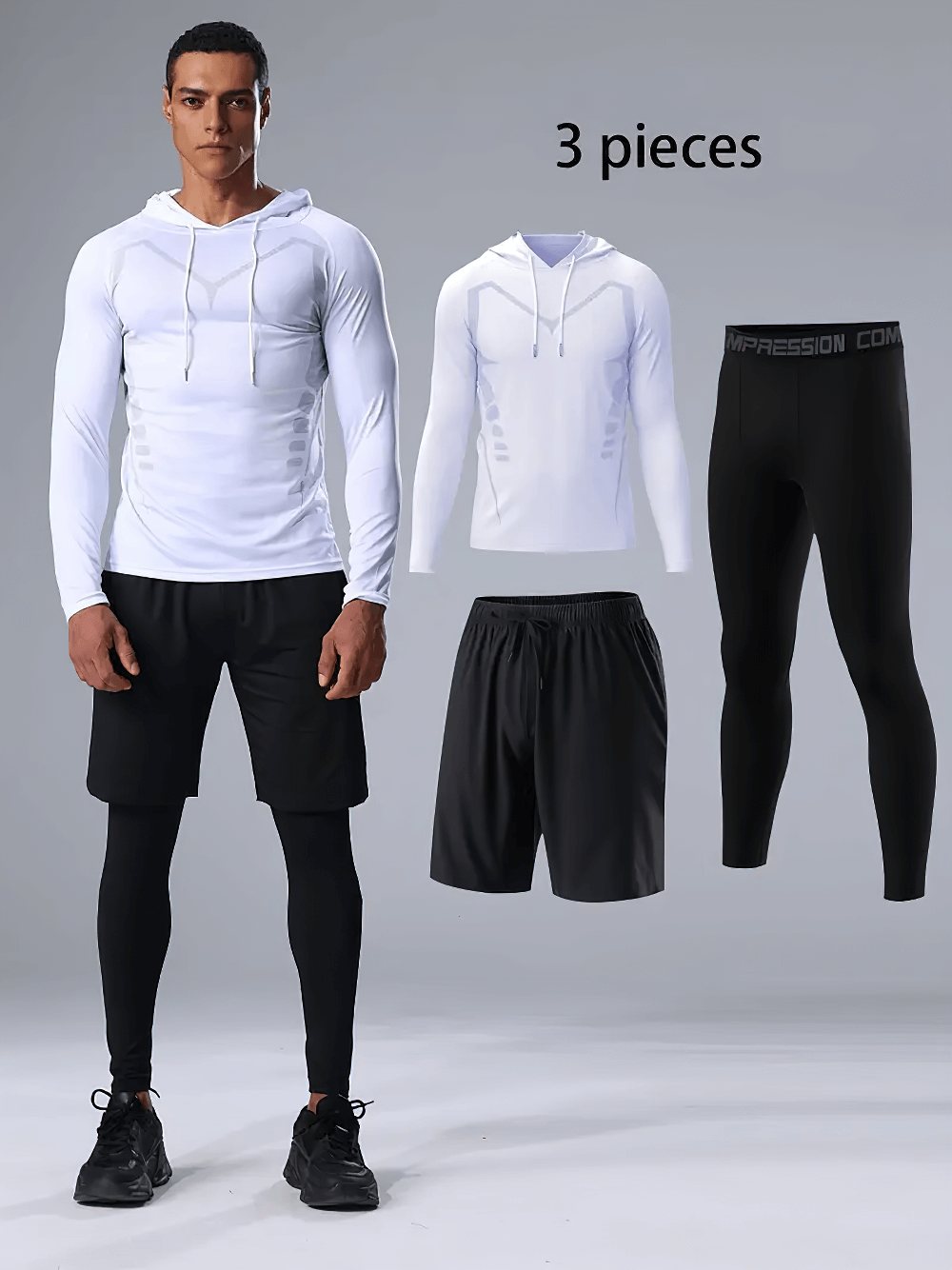 Men's 3-piece workout set with hoodie, shorts, and tights, ideal for running and gym. Breathable activewear for peak performance.