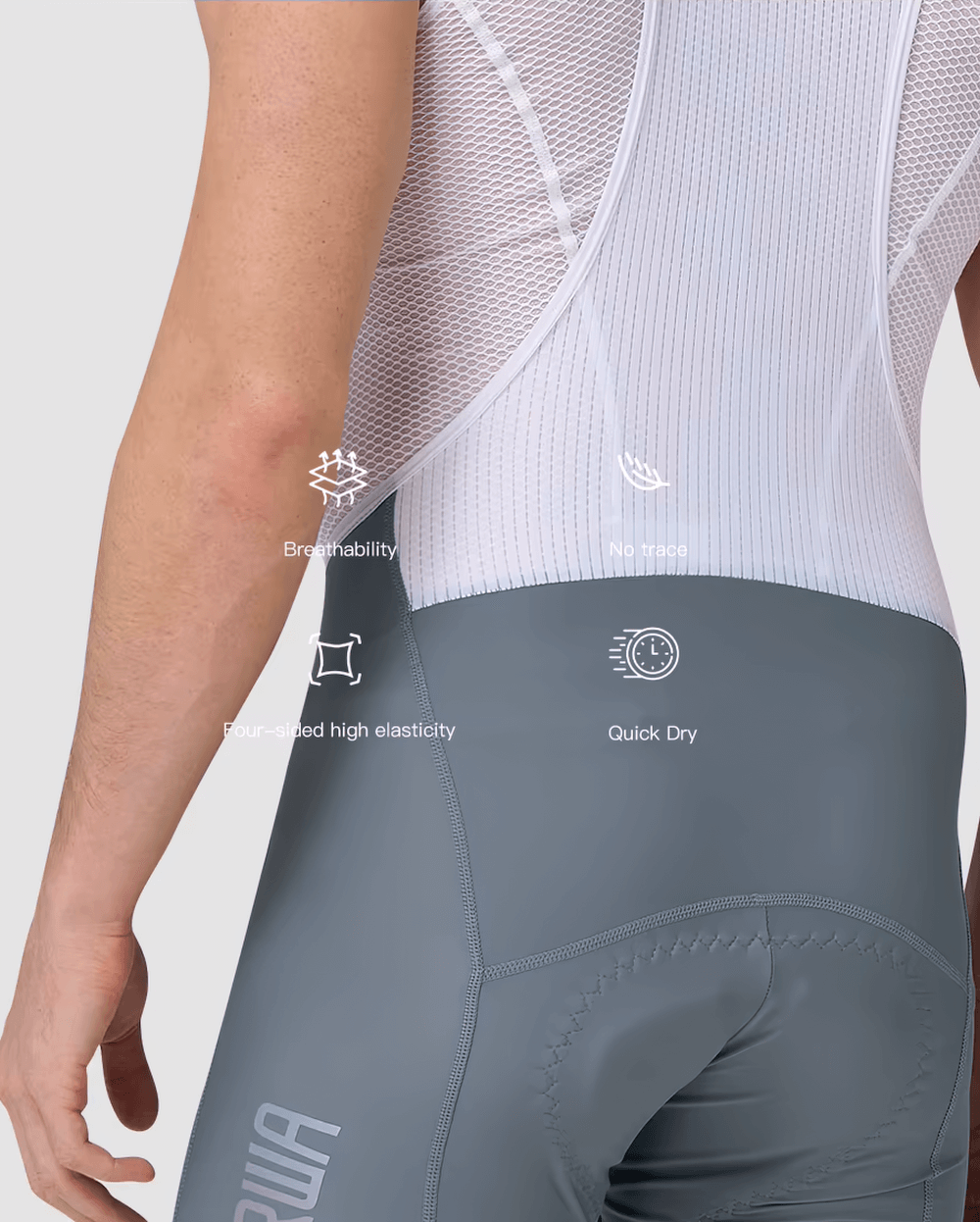 Men's breathable pro cycling bib shorts with high elasticity and quick-dry features shown from the back, emphasizing fit and comfort.