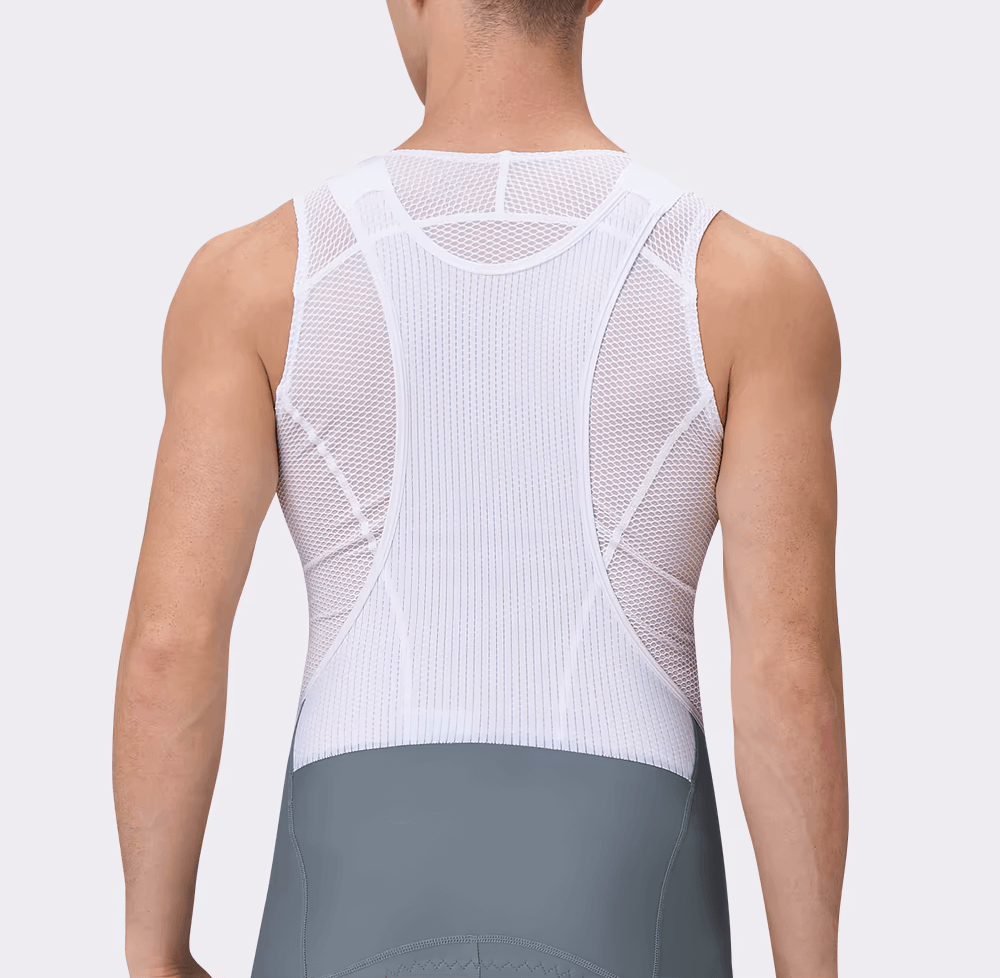 Back view of men's breathable cycling bib shorts showcasing ergonomic mesh design for comfort and endurance on long rides.